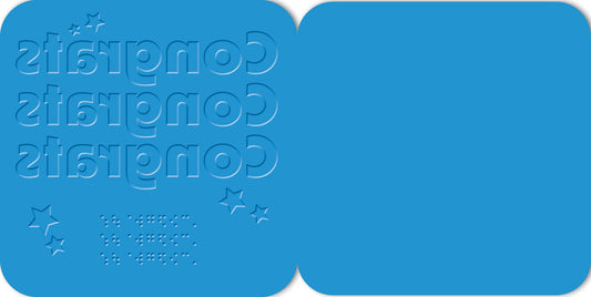 Hallmark x Guide Dogs Braille Greeting Card - Congrats in bright blue with embossed high contrast text and stars detail.