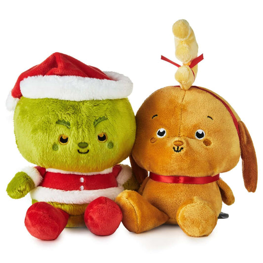 Better Together Dr. Seuss™ Grinch and Max Magnetic Plush Pair, soft toys, featuring the Grinch in Santa hat and Max with antler, close up view.