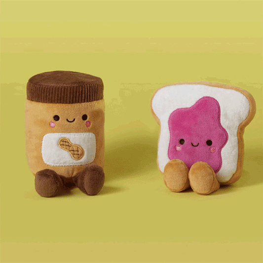 Peanut Butter and Jelly Magnetic Plush – Better Together, set of two adorable food characters, close up showing facial details.