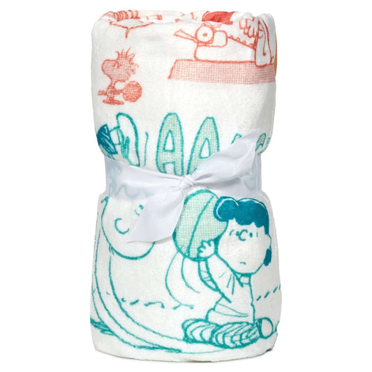 Peanuts® 75th Anniversary Through the Years Plush Throw Blanket, 60x52, rolled with characters Lucy and Snoopy, ribbon tied.