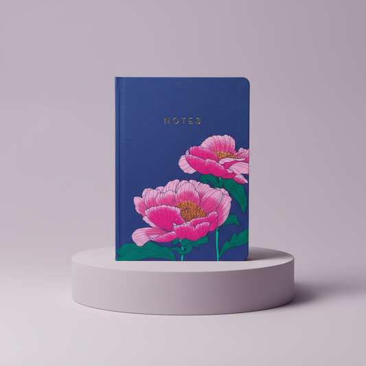 Notebook with pink floral design on a gray background