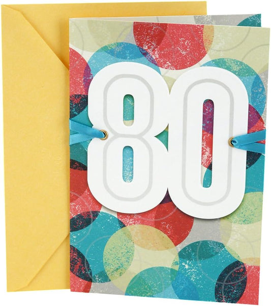 Hallmark 80th Birthday Greeting Card (Color Orbs) featuring a colorful orb design with a large '80' on the front, closed with a yellow envelope.