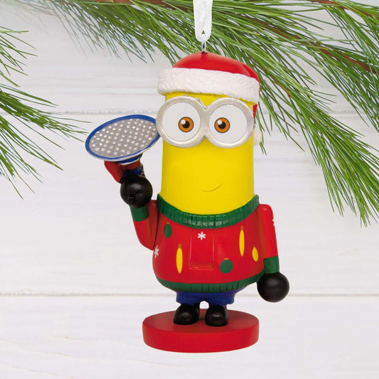 Minions Nutcracker - Hallmark Christmas Ornament, Kevin the Minion in a Santa hat and festive sweater holding a fart gun, front view