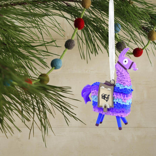 Fortnite Loot Llama - Hallmark Christmas Ornament hanging on a Christmas tree with colourful baubles and festive foliage.