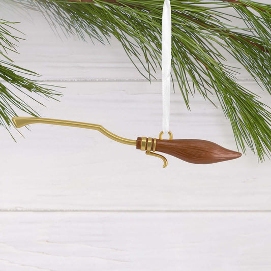 Harry Potter Nimbus 2000, Metal - Hallmark Christmas Ornament, close up of Quidditch broom hanging from tree branch