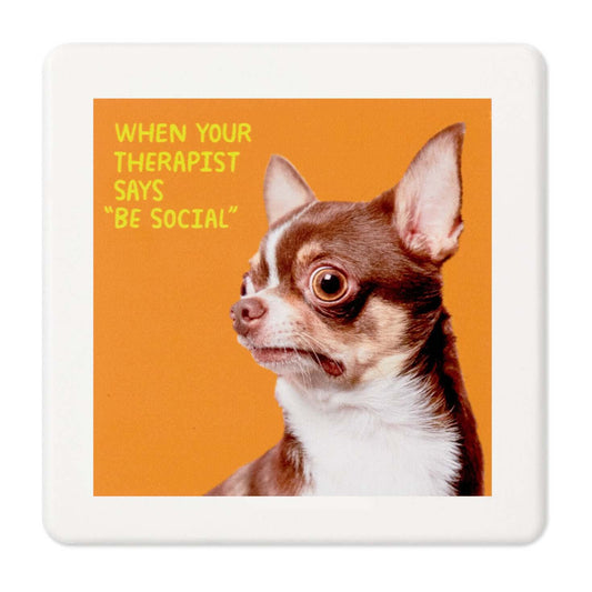 Scared Chihuahua Photo Funny Coaster, wood and cork material, featuring a humorous image of a startled dog, angled view.