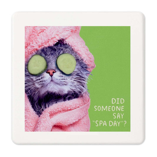 Pampered cat photo funny coaster featuring a cat in a pink towel with cucumber slices, humorous spa day design.