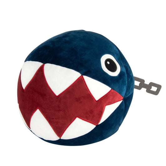 Nintendo Super Mario Chain Chomp Mega Mocchi Mocchi plush toy in blue with red and white details, soft texture and circular shape.
