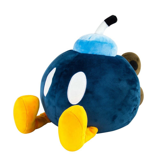 Nintendo Super Mario Bob-omb Mega Mocchi Mocchi plush toy, soft fabric, side view with bright blue and yellow colours