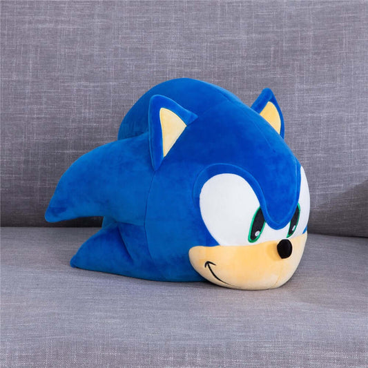 Sonic Mega Mocchi Mocchi plush, blue character pillow, soft texture, side view on grey couch