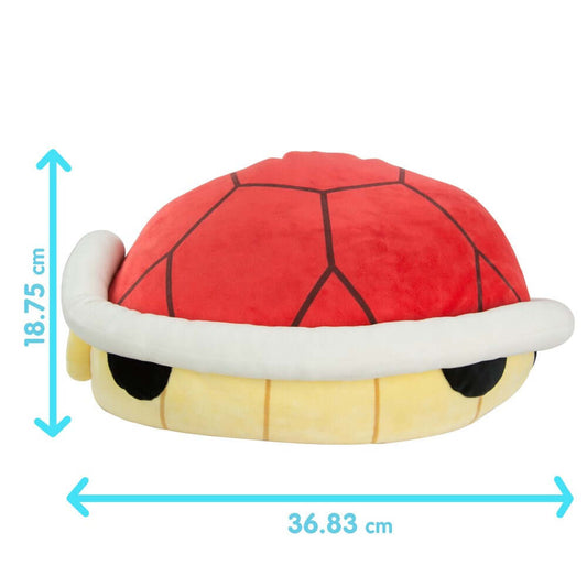 Nintendo Super Mario Red Shell Mega Mocchi Mocchi plush, soft toy, red with white accents, flat view featuring dimensions.