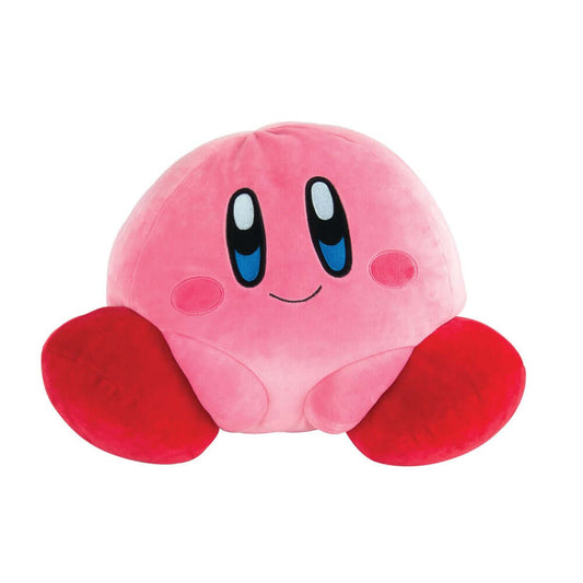 Kirby Mega Mocchi Mocchi Plush, super soft pink pillow toy with red feet, close up view of face and stitching.
