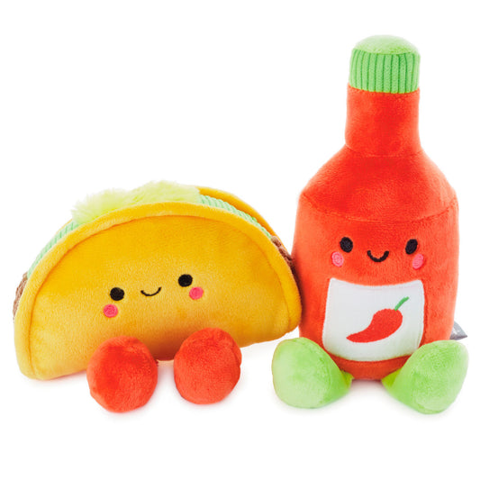 Taco and Hot Sauce Magnetic Plush – Better Together set, colourful plush food characters with embroidered details, close up view.