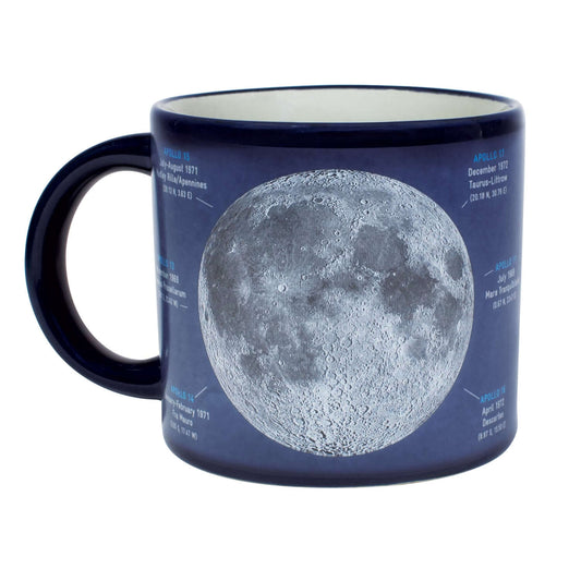 Unemployed Philosophers Guild - Moon Mug in navy blue featuring a detailed lunar design and Apollo mission information on a 14 oz cup.