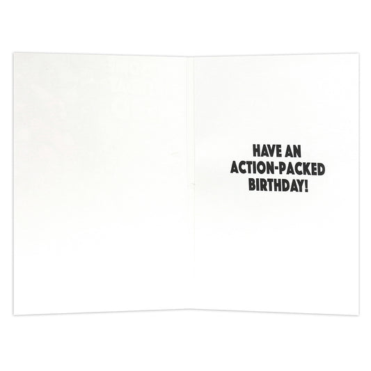 Hallmark Interactive Sound Card - Avengers interior view featuring message 'Have an action-packed birthday!' in black font.