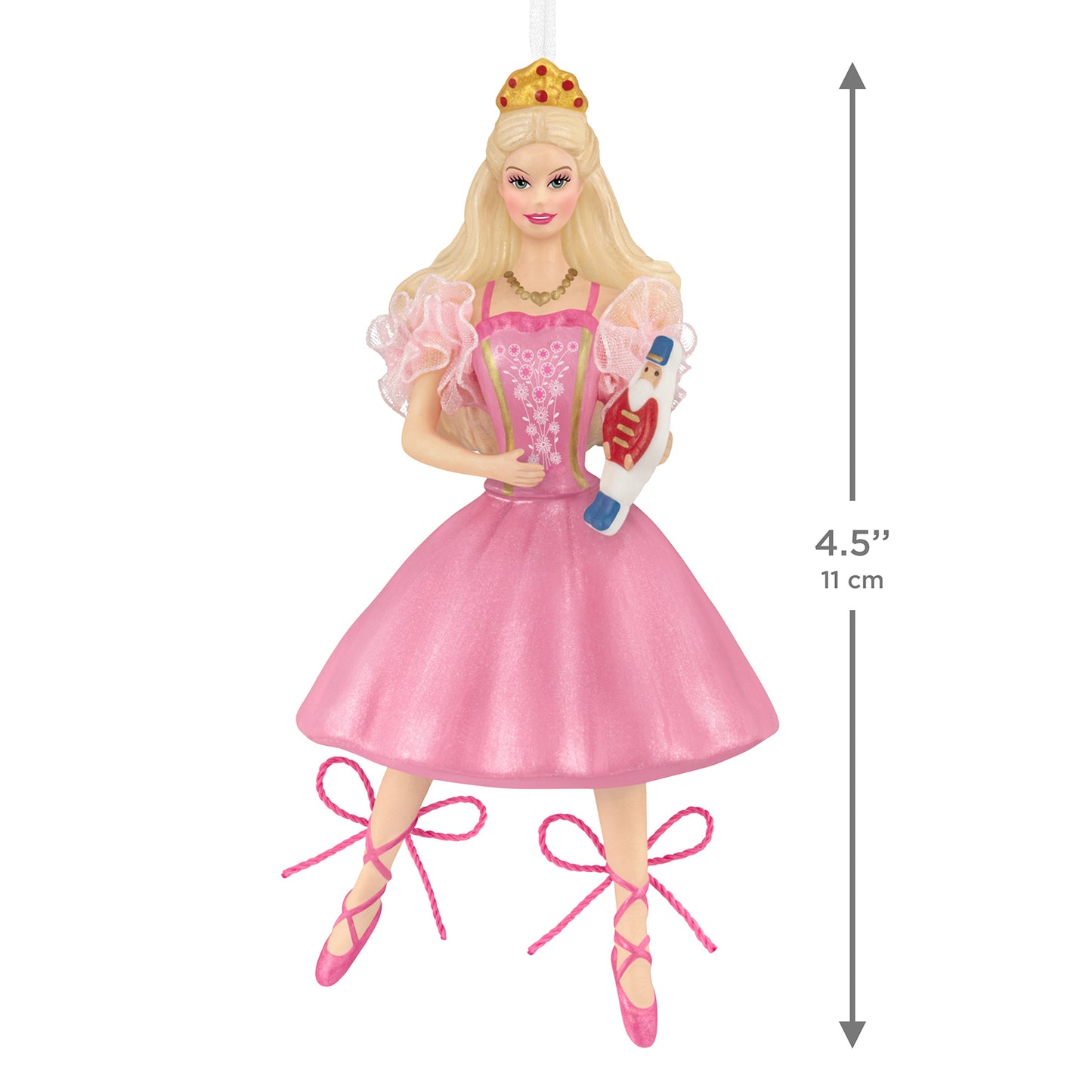 Barbie™ in the Nutcracker 25th Anniversary, porcelain and fabric ornament in a pink dress, 11 cm, front view with details on crown and ballet shoes.