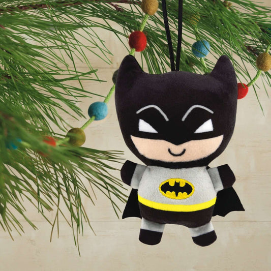 DC Batman, plush fabric - Hallmark Christmas ornament hanging from a pine tree, featuring a cute design with bright colours.
