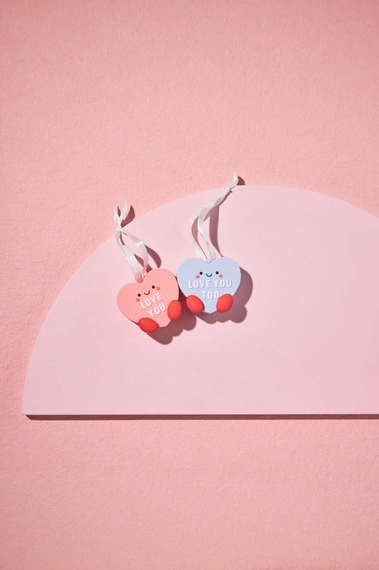 Better Together Candy Hearts, Magnetic, Shatterproof, Set of 2 - Hallmark Christmas Ornaments on a pink background, showing adorable designs.