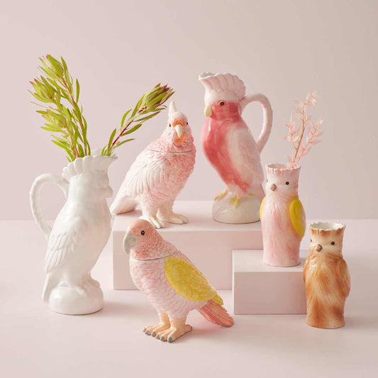 Bridie Vase - Brown, ceramic bird vase set in pink and white tones, with fresh greenery, styled in a modern arrangement.