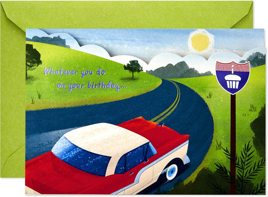 Hallmark Paper Wonder Displayable Pop Up Birthday Card (Classic Car) featuring a red classic car on a scenic road with green envelope.