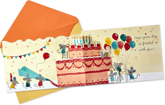 Hallmark Paper Wonder Pop Up Birthday Card (Birthday Mice) featuring 3D cake and festive mice with balloons in a flat lay design.