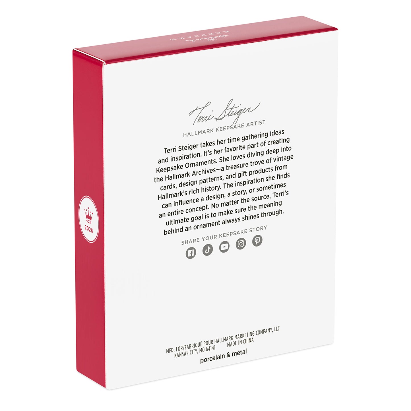 10th Anniversary Brilliant Butterflies, Porcelain and Metal — 2026 Hallmark Keepsake Christmas Ornament packaging back, featuring artist Terri Steiger's details.