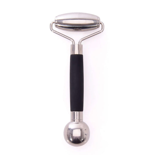 5 Cooling facial roller in stainless steel with a black silicone grip, featuring dual ends for facial massage.