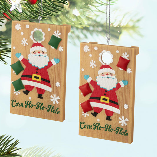 Corn Ho-Ho-Hole — 2025 Hallmark Keepsake Christmas Ornament set, featuring Santa and festive beanbags, close up with details.