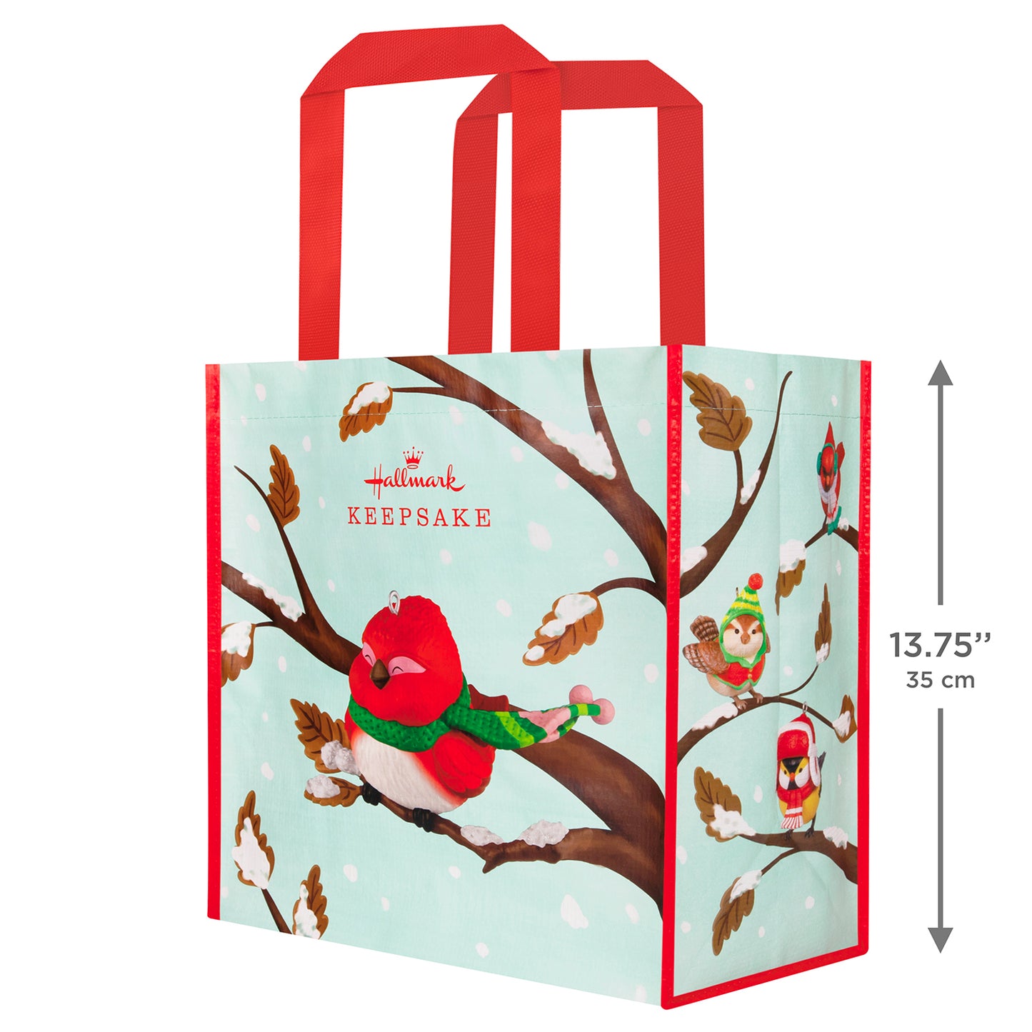 Cozy Critters Reusable — 2026 Hallmark Keepsake 13.75" Christmas Tote Bag with red handles, featuring colourful birds on a snowy branch backdrop.