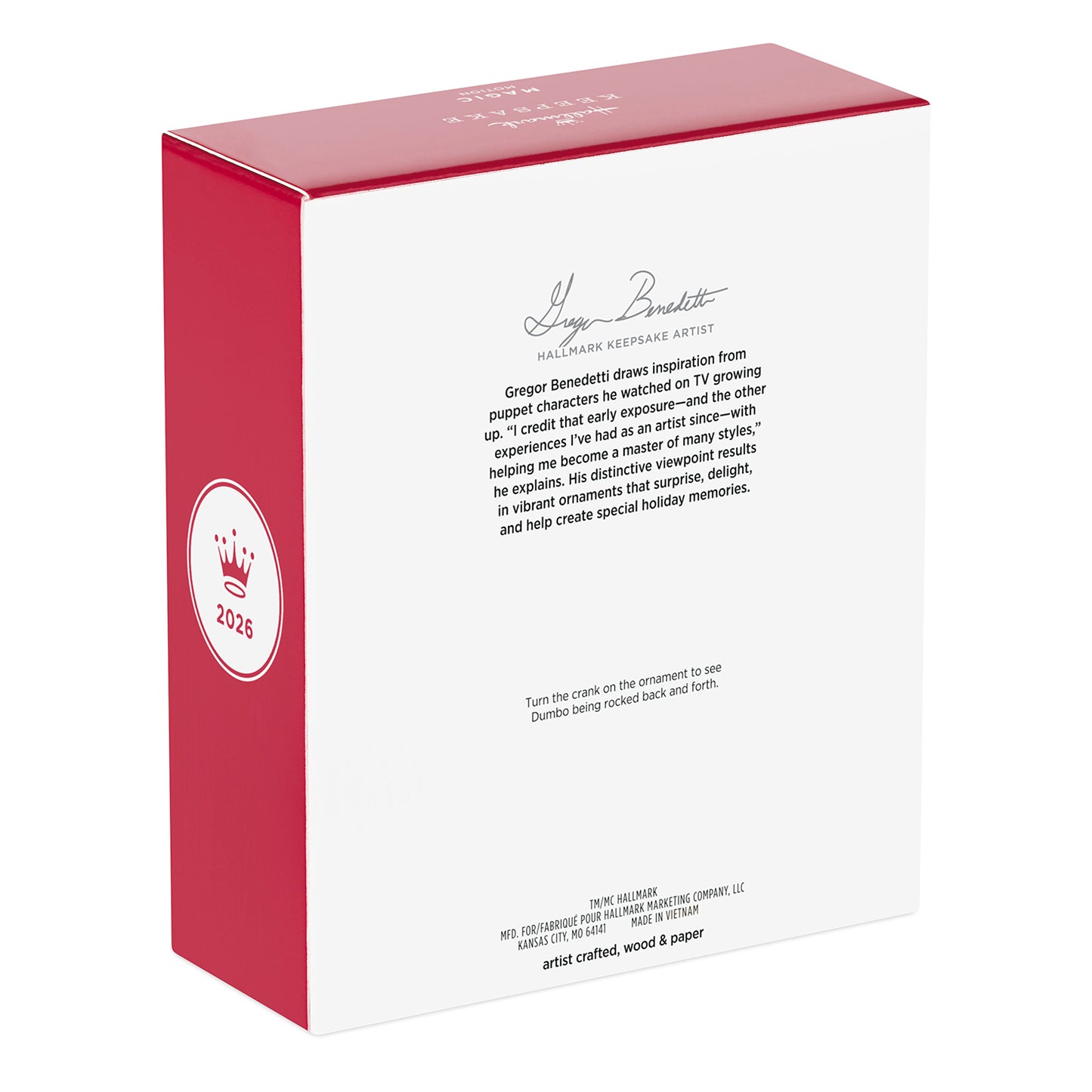 Disney Dumbo 85th Anniversary Mrs. Jumbo's Joy With Motion, Papercraft — 2026 Hallmark Keepsake Christmas Ornament box, featuring artist details and year.