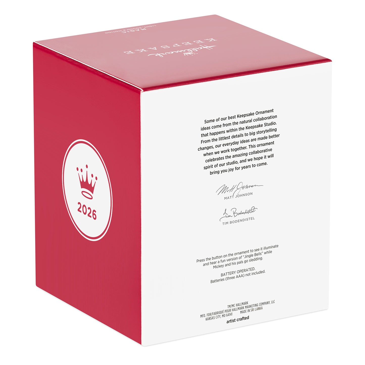 Disney Mickey and Friends Sledding Season Musical With Light and Motion — 2026 Hallmark Keepsake Christmas Ornament packaging showing red box with details.