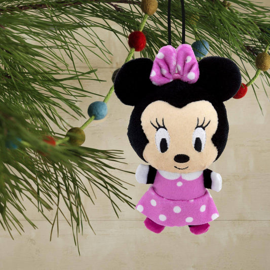 Disney Minnie Mouse, plush fabric - Hallmark Christmas ornament, soft, cut and sewn design, hanging on a Christmas tree.