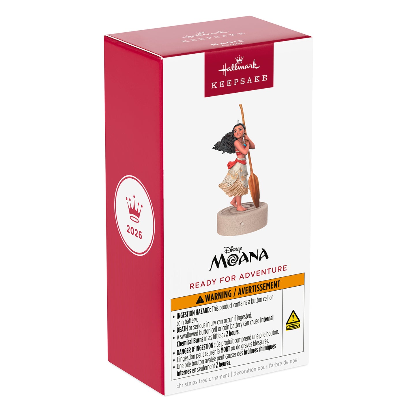 Disney Moana Ready for Adventure Musical — 2026 Hallmark Keepsake Christmas Ornament packaging showing detailed design and warning labels.