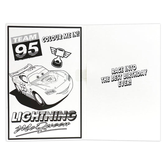 Hallmark Interactive Sound Card - Disney Pixar Cars featuring a black and white colouring page of Lightning McQueen inside, with birthday message.