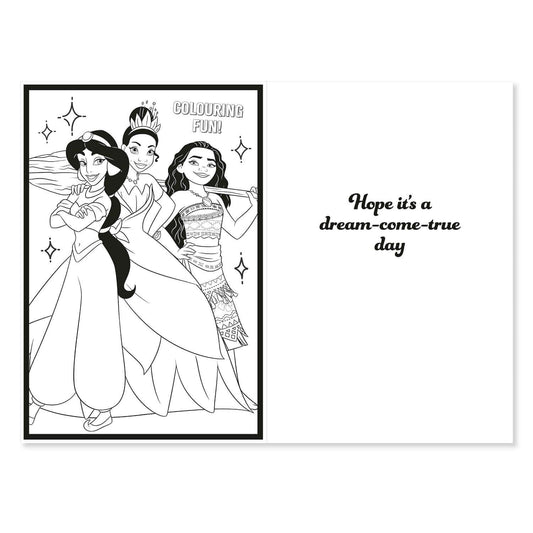 Connections from Hallmark Birthday Card - Disney Princess featuring a black and white colouring activity with three princesses and a birthday message.