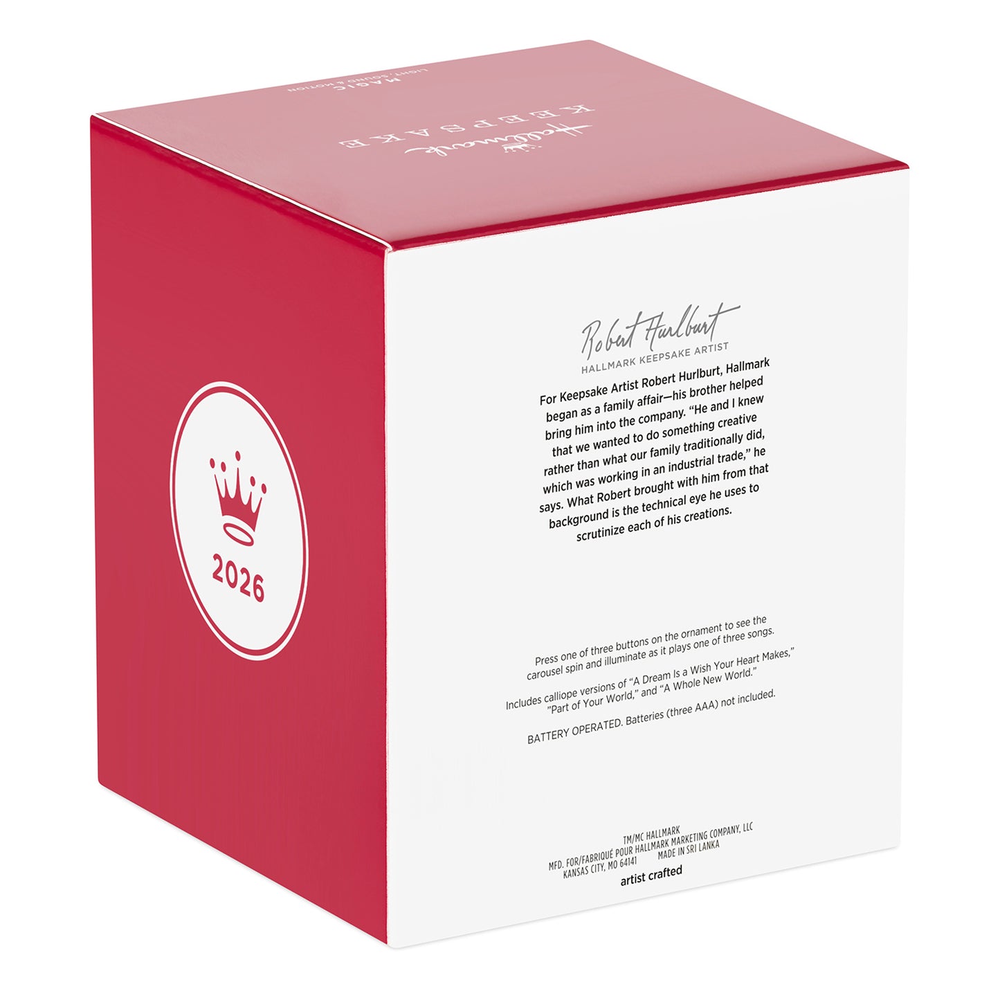 Disney Princess Dreams Go Round Musical With Light and Motion — 2026 Hallmark Keepsake Christmas Ornament packaging box, featuring red design and product details.