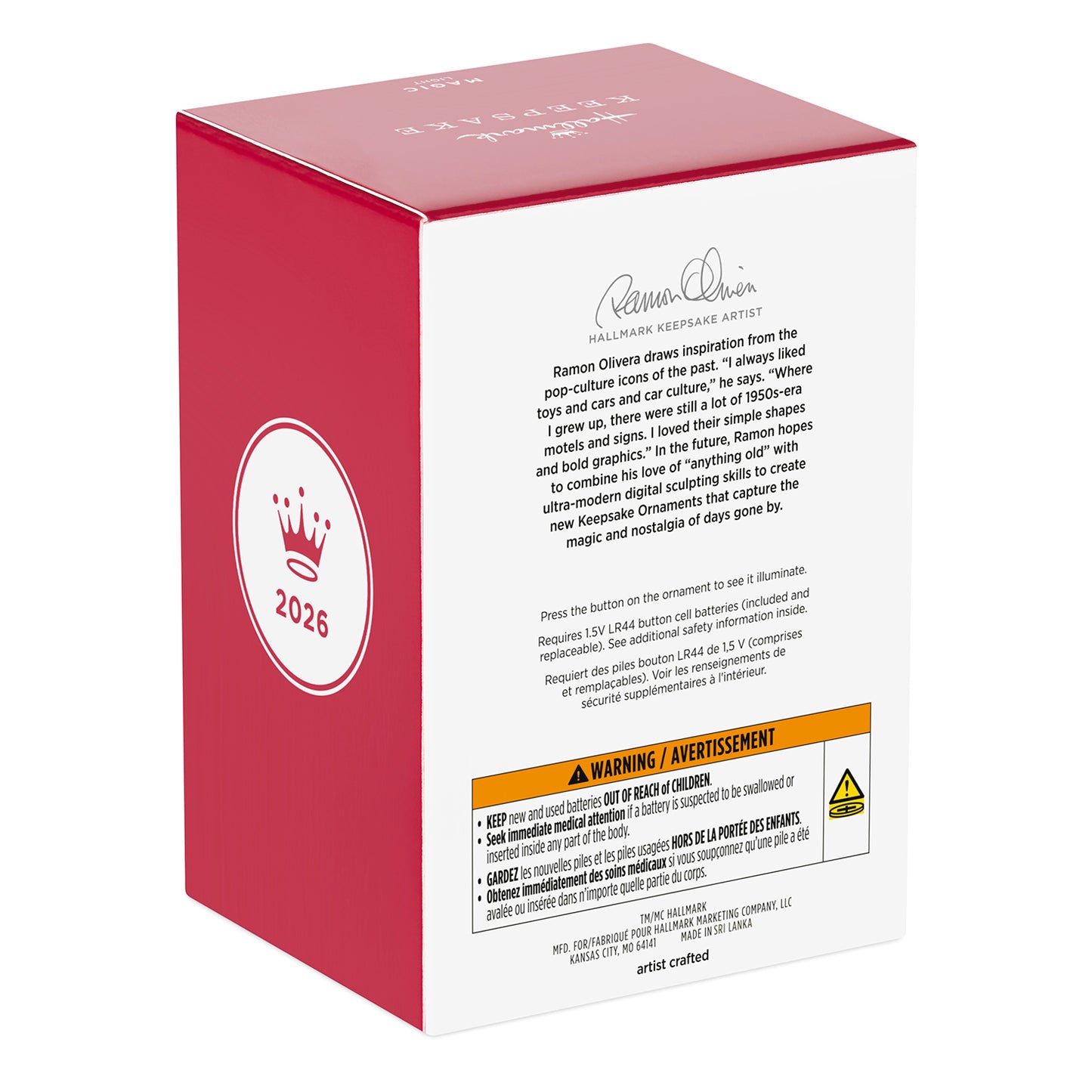 Disney Snow White and the Seven Dwarfs Just One Bite With Light — 2026 Hallmark Keepsake Christmas Ornament packaging, red box with warning details and artist information.
