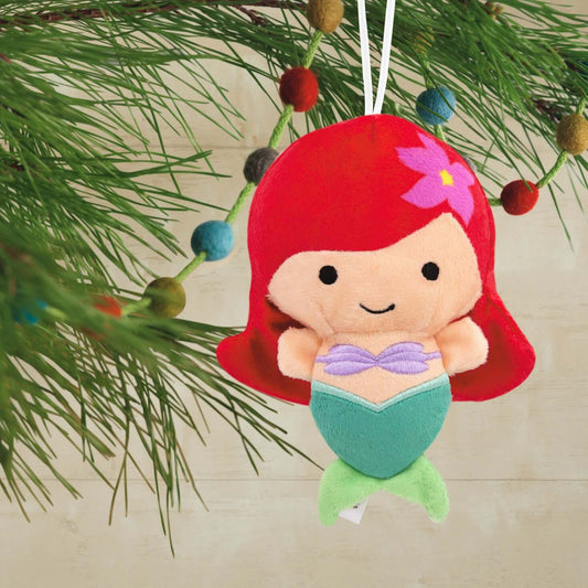 Disney The Little Mermaid Ariel, Plush Fabric - Hallmark Christmas Ornament, small plush decoration, hanging from a Christmas tree.