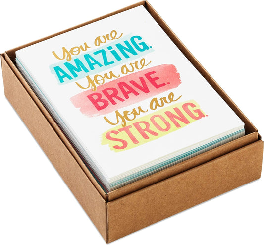 Hallmark Thinking of You, Encouragement, Get Well, Sympathy Cards Assortment (24 Assorted Cards and Envelopes) in a box displaying motivational phrases.