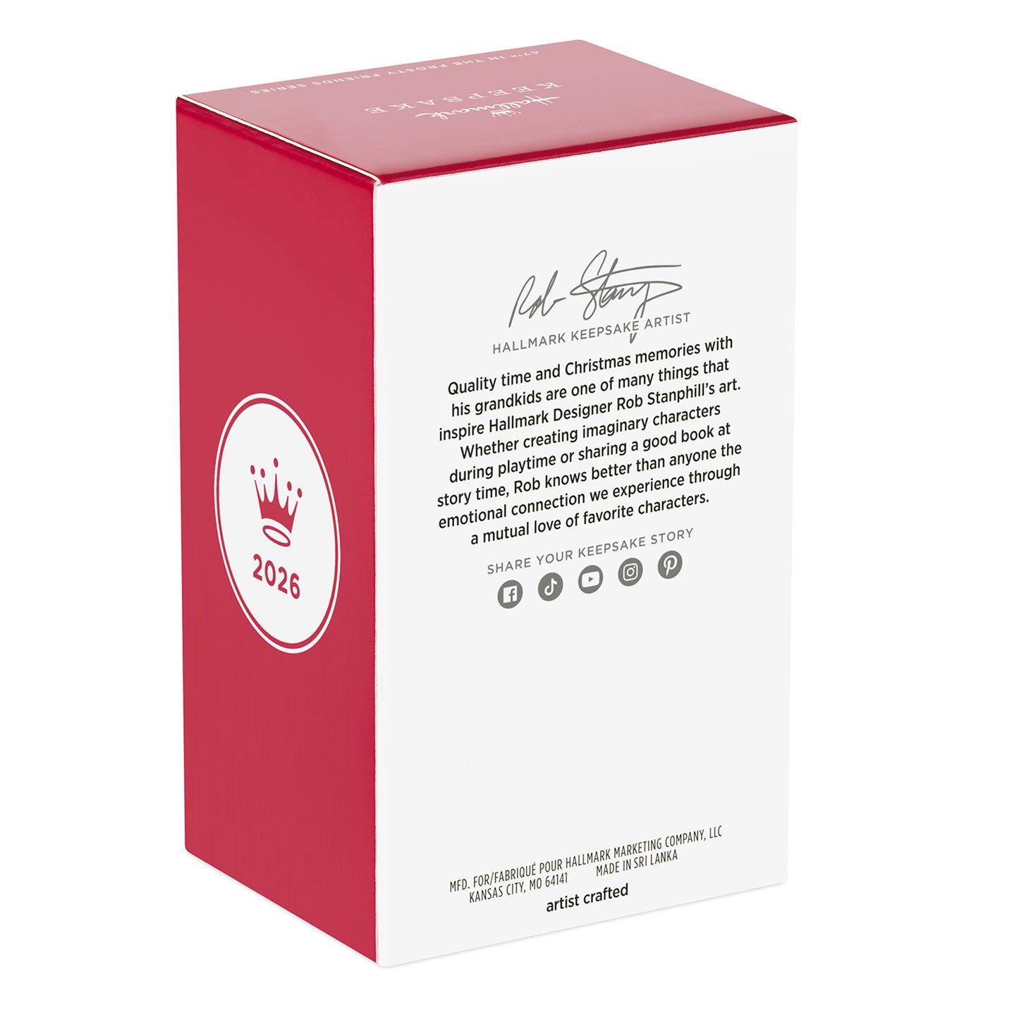 Frosty Friends 2026 — 2026 Hallmark Keepsake Christmas Ornament box design featuring signature, red background and white logo, angled view.