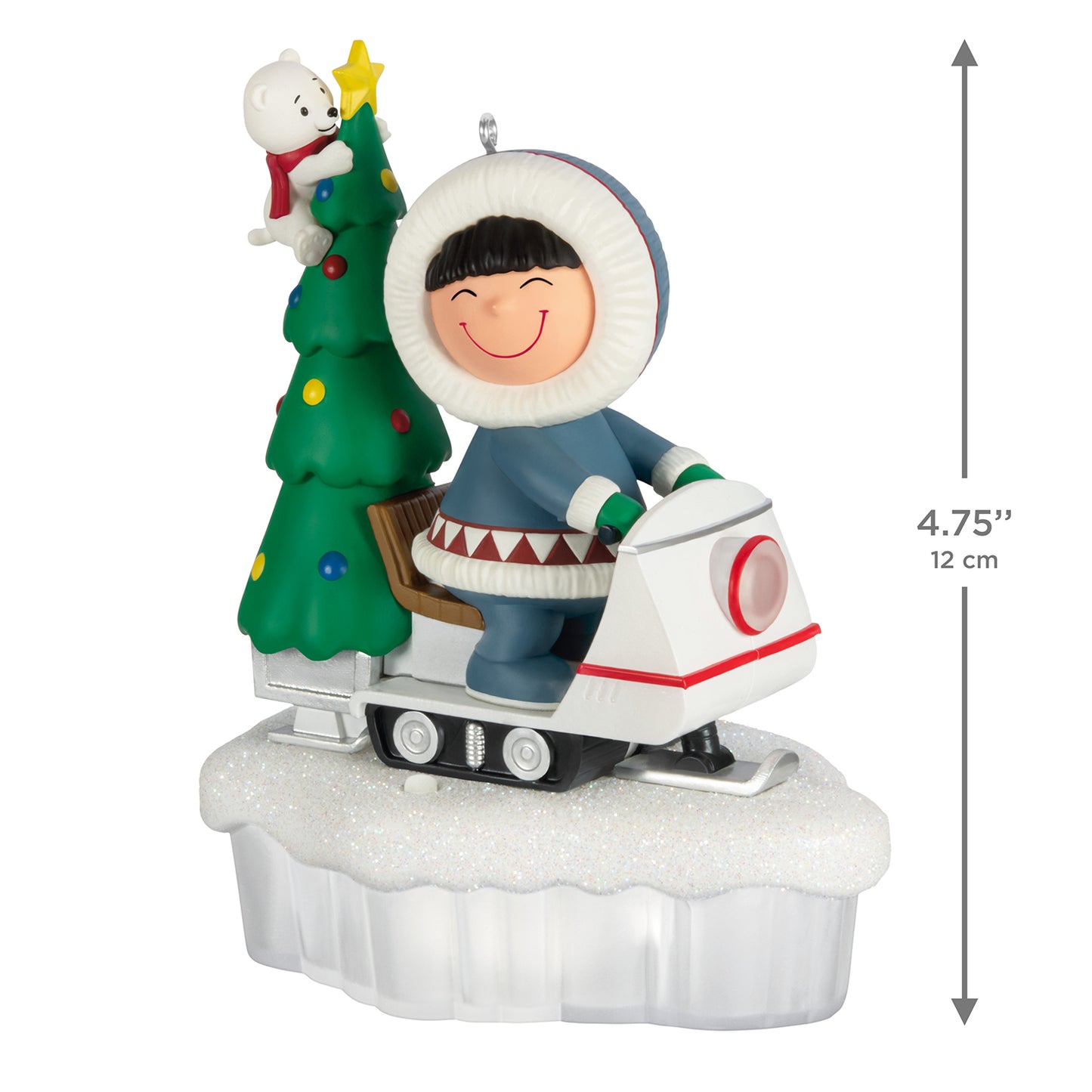Frosty Friends Tree Delivery With Light — 2026 Hallmark Keepsake Christmas Ornament, smiling child on snowmobile with tree and polar bear, angled view