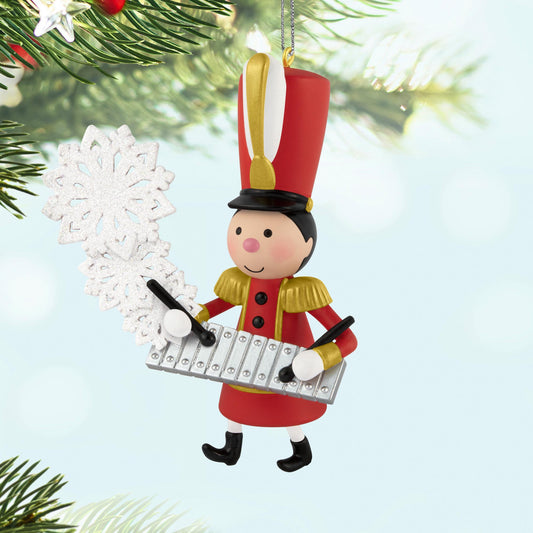 Glimmering Glockenspiel — 2025 Hallmark Keepsake Christmas Ornament, toy soldier holding a glockenspiel with snowflakes, festive detail.