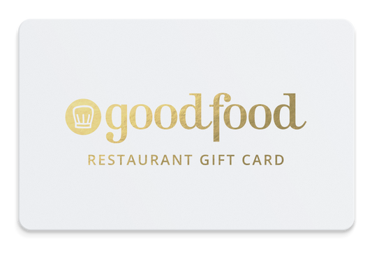 Goodfood Restaurant Gift Card with gold text on a white background