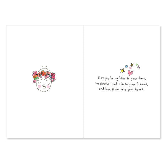 Greeting card with a face with flowers, stars, and hearts on a white background