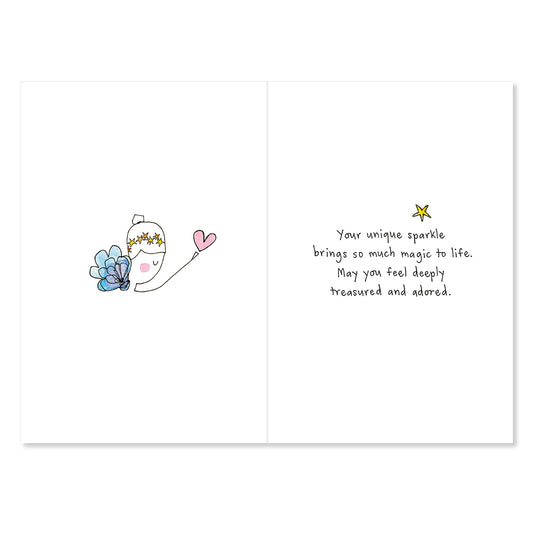 Greeting card with a cartoon character and inspirational message on a white background