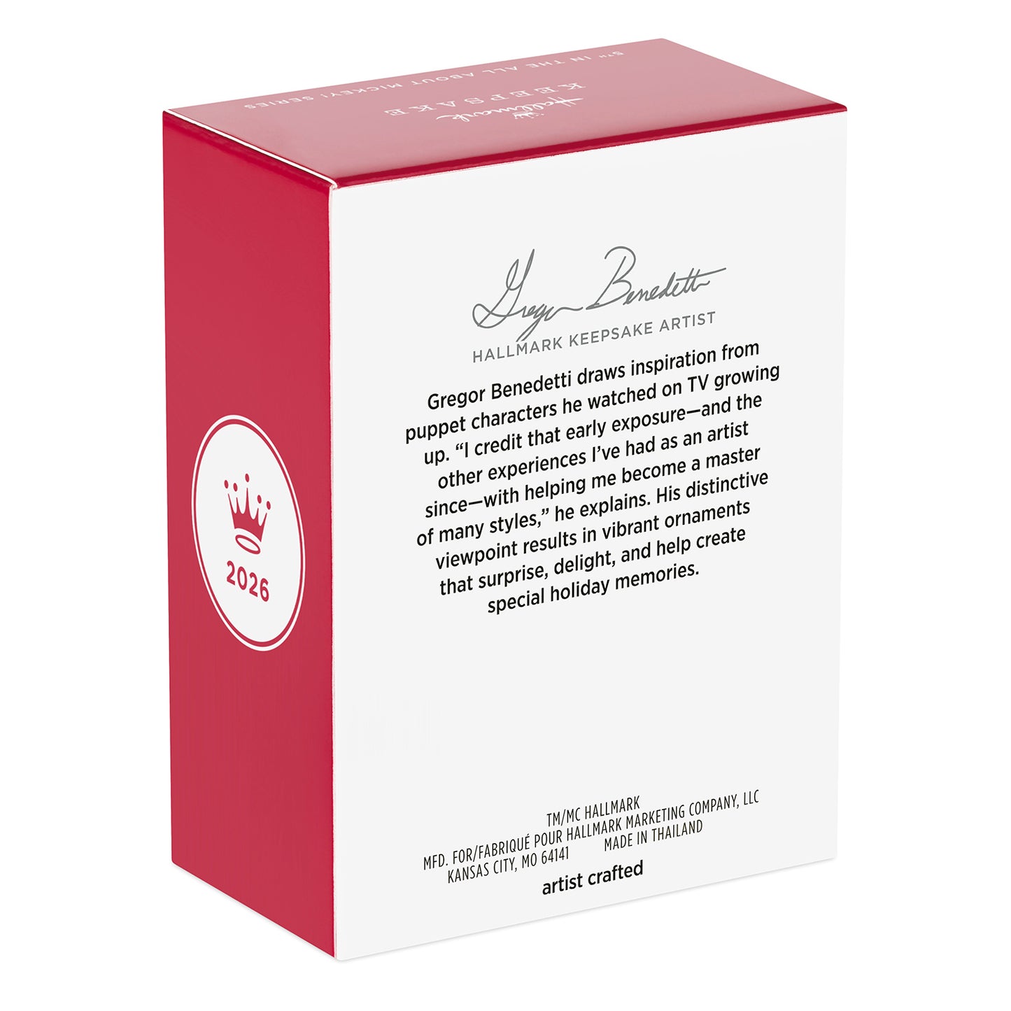 Disney All About Mickey! Astronaut Mickey, 5th in the Series — 2026 Hallmark Keepsake Christmas Ornament box packaging with artist details.