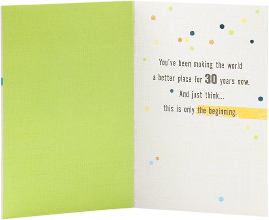 Hallmark 30th Birthday Greeting Card (Stripes and Dots) featuring inside message on a colourful background, open view.