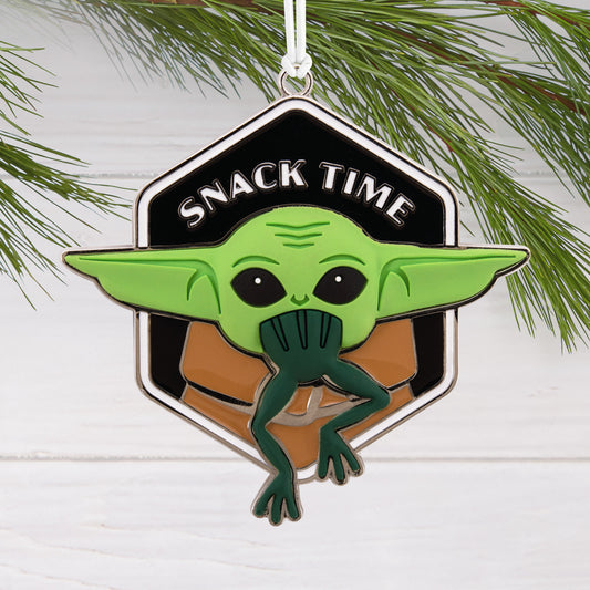 Hallmark Christmas Ornament - Star Wars™: The Mandalorian™ Grogu™ with dimension metal, featuring Grogu holding a frog and "Snack Time" text.
