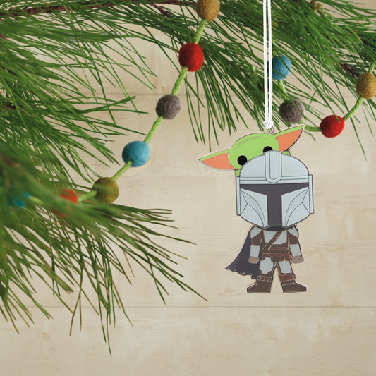 Hallmark Christmas Ornament - Star Wars™: The Mandalorian™ and Grogu™, colourful hanging design featuring Grogu peeking over Mandalorian's helmet.