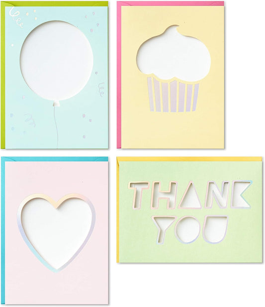 Hallmark Crayola Coloring Cards Assortment, 8 Cards with Envelopes and Markers featuring die-cut balloon, cupcake, heart, and "thank you" designs.